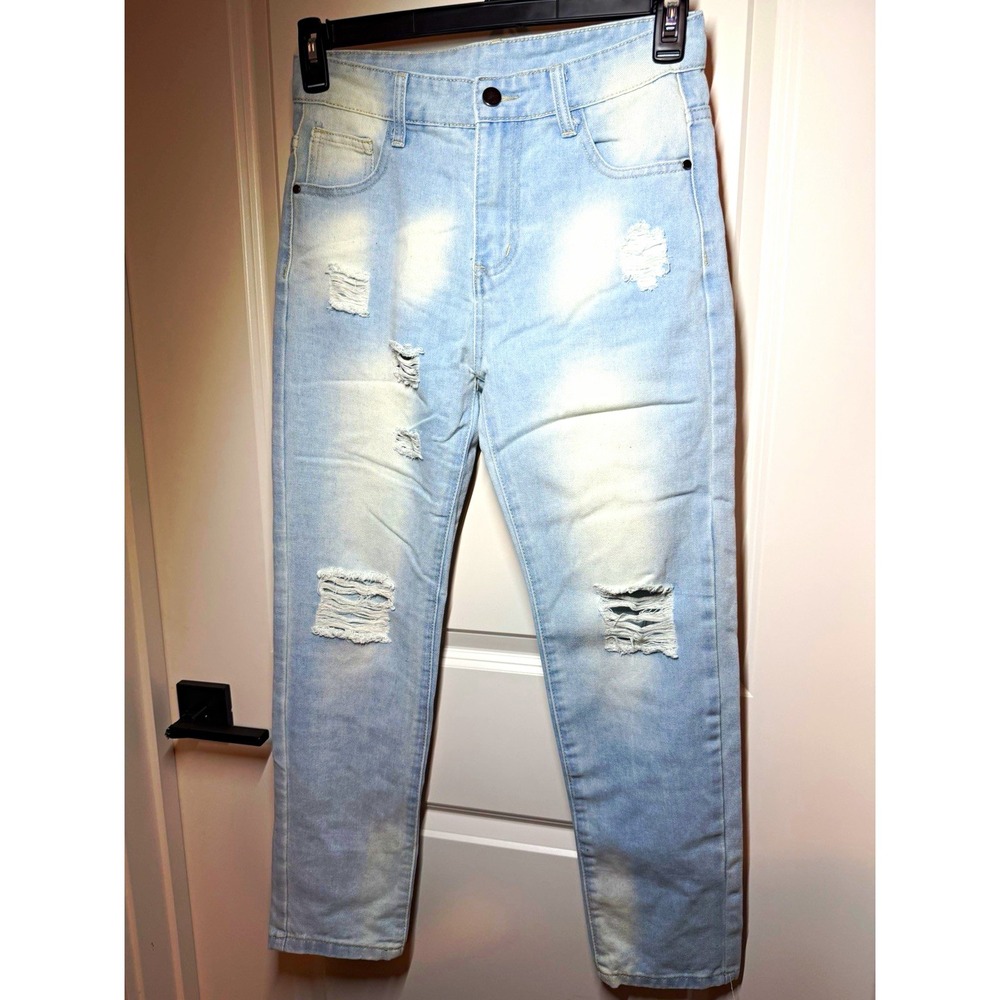 Boys Blue Straight Jeans Size 13-14Y Regular Fit Light Wash Distressed Denim
